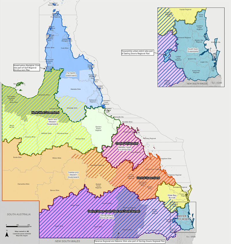 A map of Queensland displaying major regions